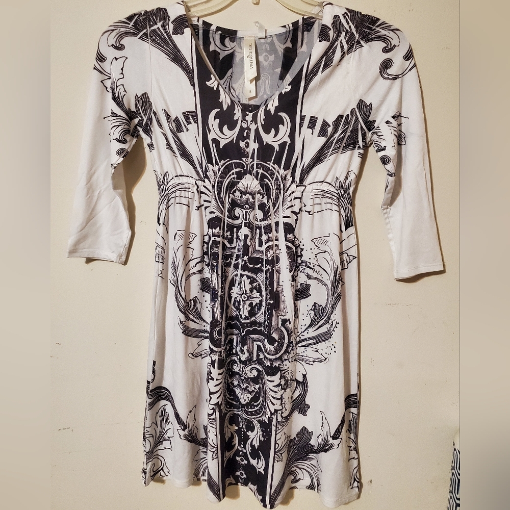 Y2K Rhinestone Baroque Scroll Print Black White V-Neck Tunic Dress